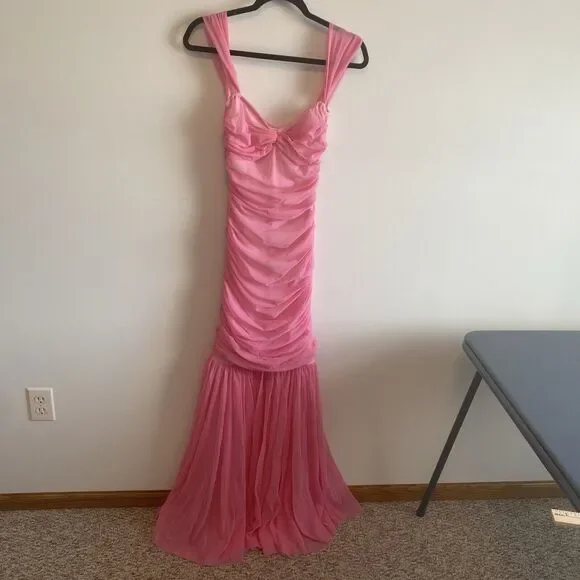 Norma Kamali Pink Walter Ruched Off‎ The Shoulder Fishtail Gown Size XS - Picture 3 of 16